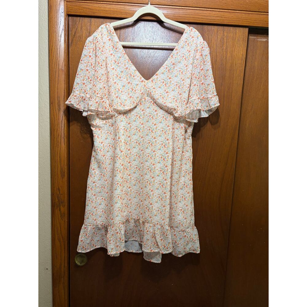ARULA Cream Floral Midi Dress with Orange & Pink Accents